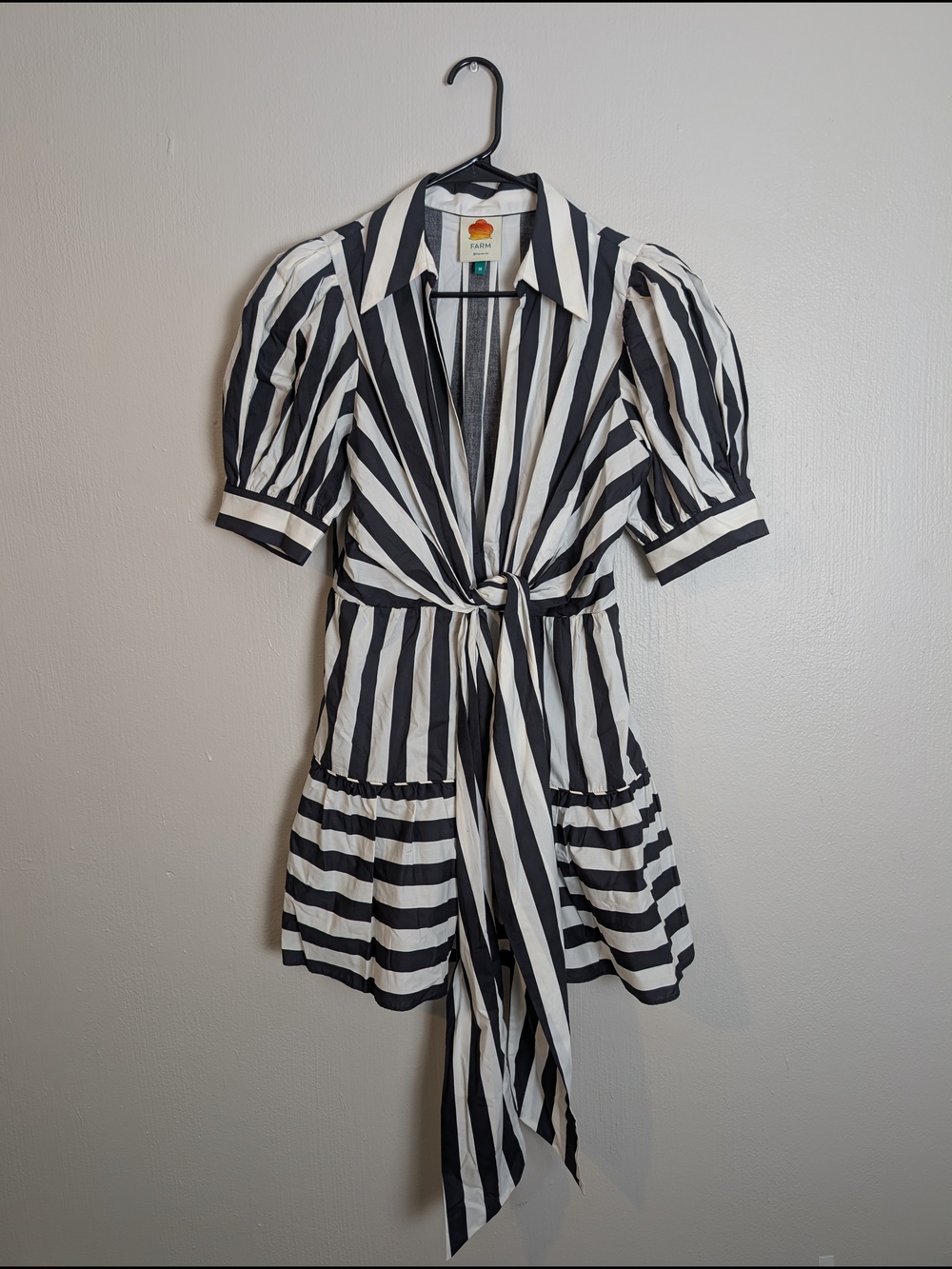 FARM Rio Black and White Striped Tie-Waist Mini Dress